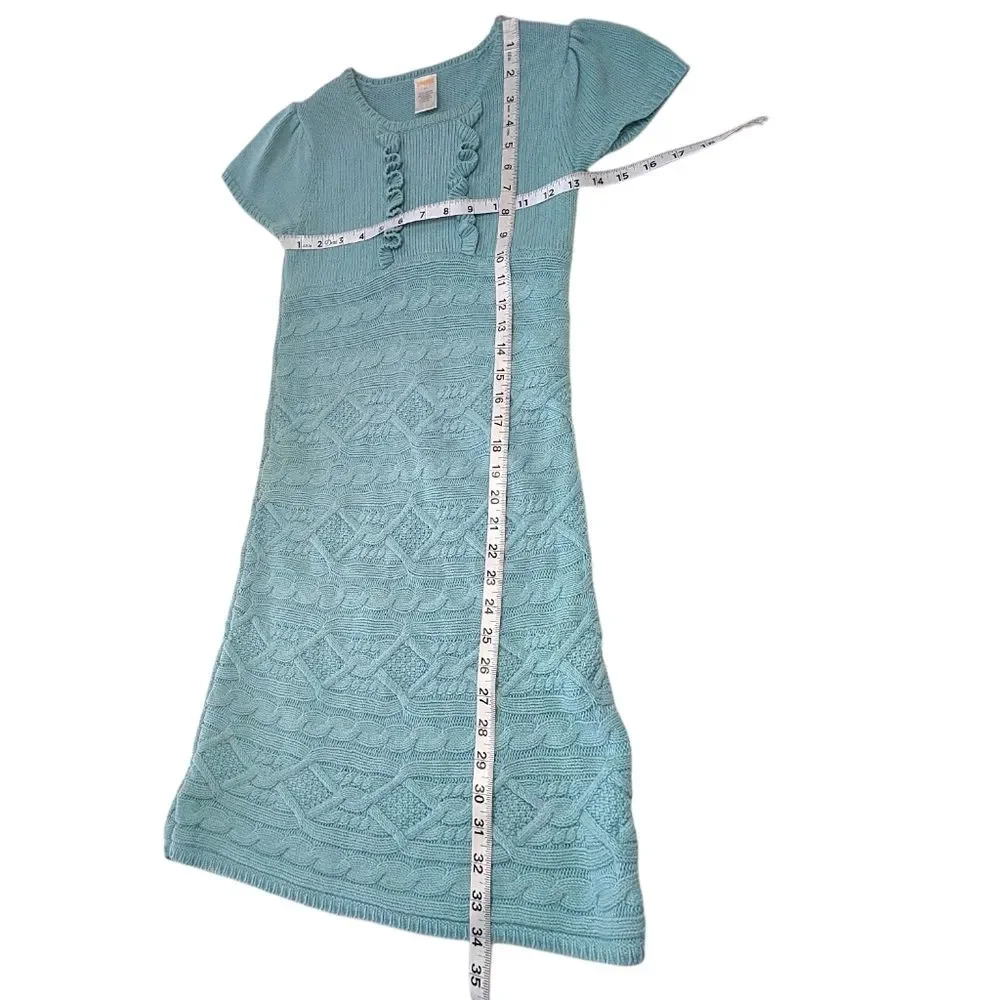 Gymboree Cable Knit Sweater Dress Girls Size 10 Aqua Blue Short Sleeve Ruffle